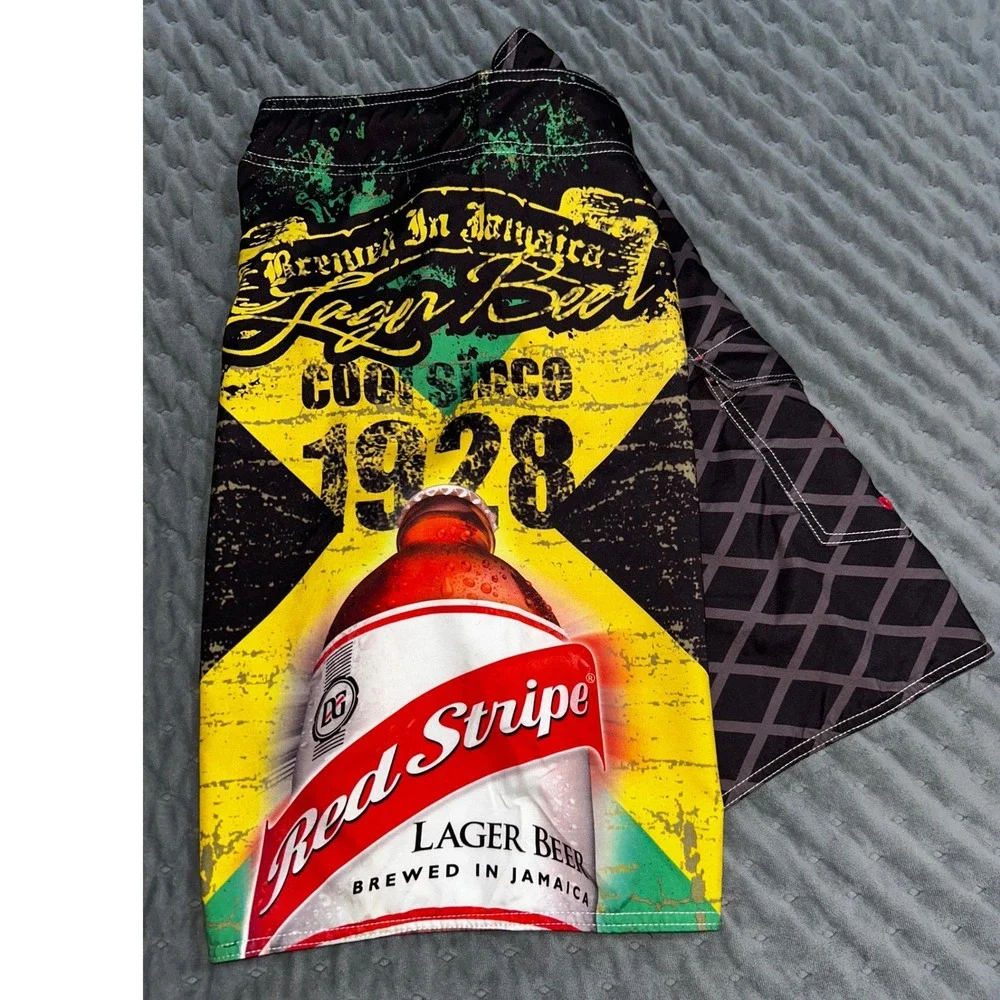 Red Stripe Beer Board Shorts Mens 36 Jamaica Lager Swim Trunks Black Graphic